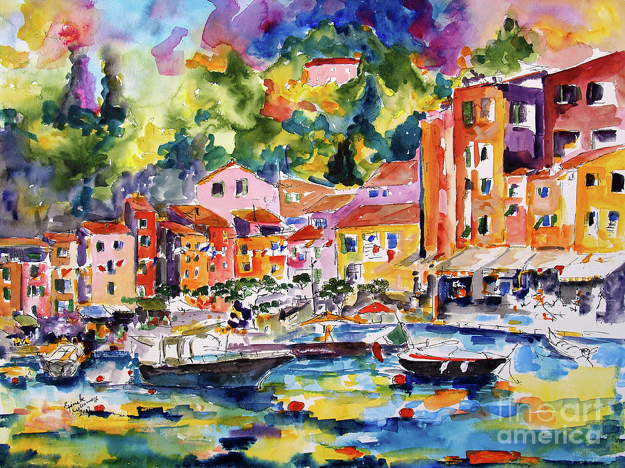Portofino Italy Travel Europe Watercolor Painting by Ginette Callaway