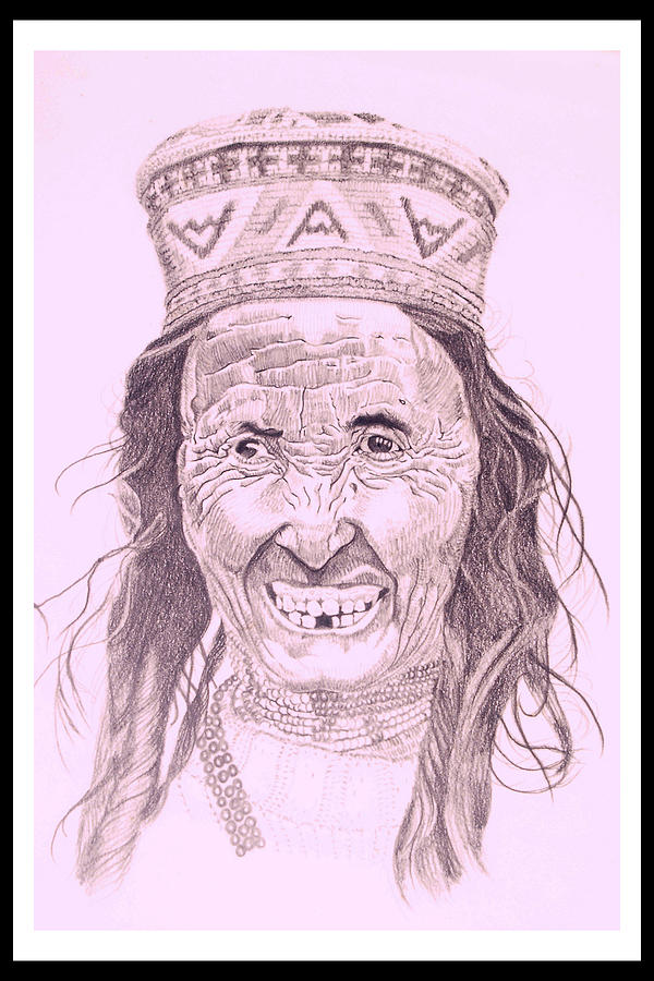 Portrait Drawing Of A Tibetan Old Lady With A Bright Smiling Face