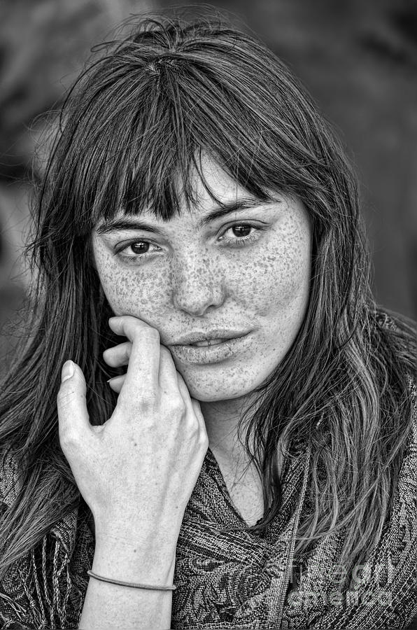Portrait of a  Freckle Faced Model black and white version Photograph by Jim Fitzpatrick