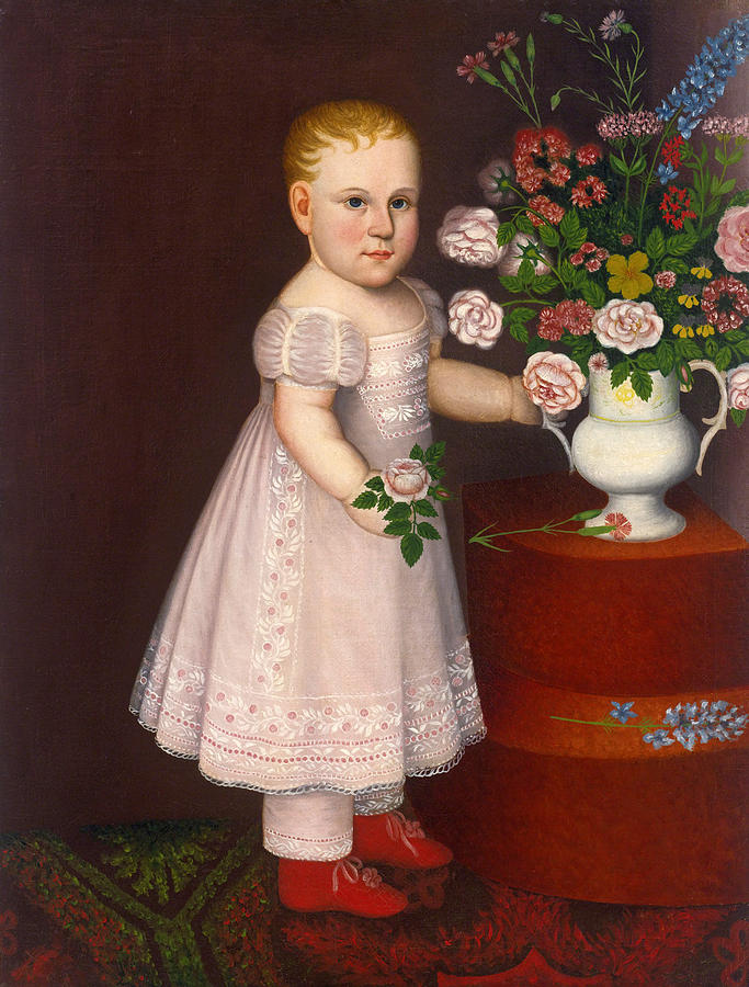 Portrait of a Blond-Haired Child in Lace-Embroidered Pink Dress with a Bouquet of Flowers Painting by Attributed to Zedekiah Belknap