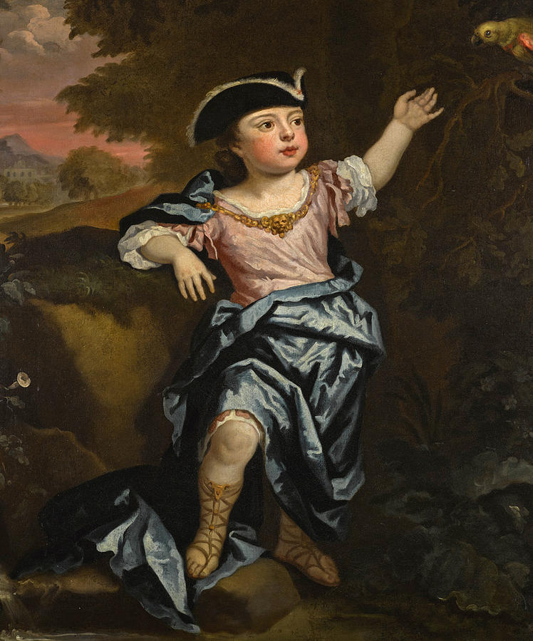Portrait of a Boy Full-Length wearing a Tricorn Hat standing in a Landscape with a Parrot Painting by Follower of  Godfrey Kneller