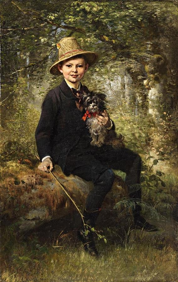 Portrait of a Boy with a Dog in a Forest Painting by Ludwig Knaus