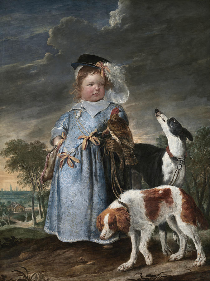 Portrait of a boy with a falcon and two dogs Painting by Jan Fyt