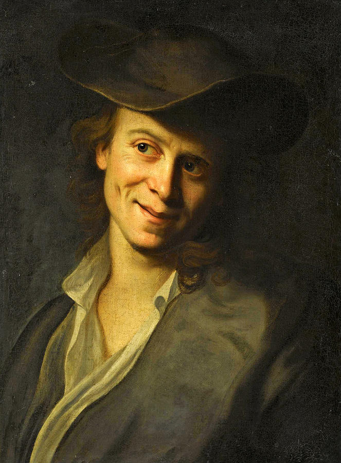 Portrait of a boy with long hair half-length wearing a brown hat Painting by Christian Seybold
