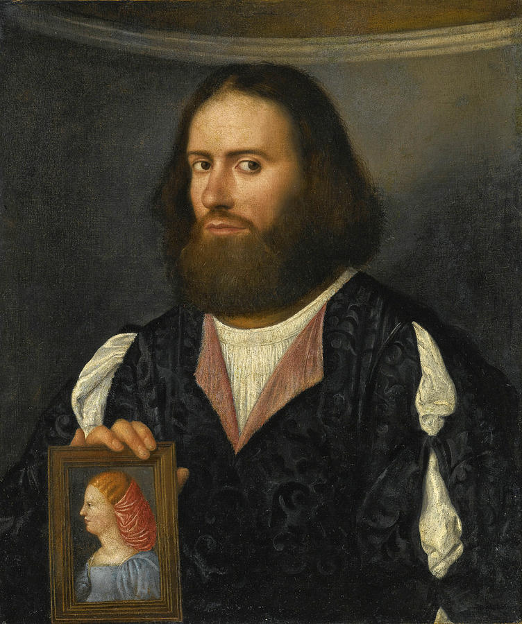 Portrait of a Gentleman Half Length holding a Portrait of a Lady Painting by Giovanni Cariani