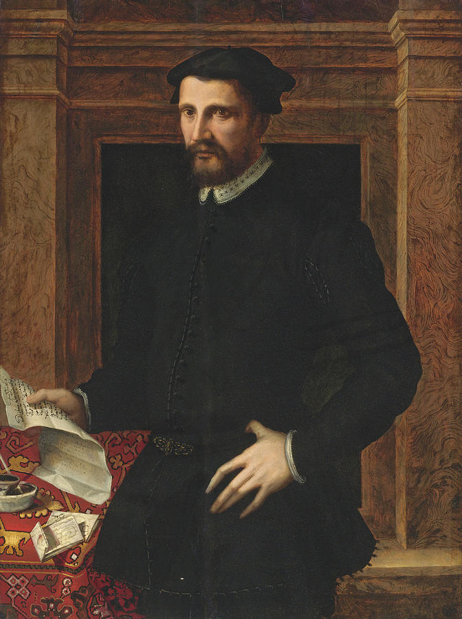 Portrait of a Gentleman three quarter length holding a letter Painting by Attributed to Mirabello Cavalori