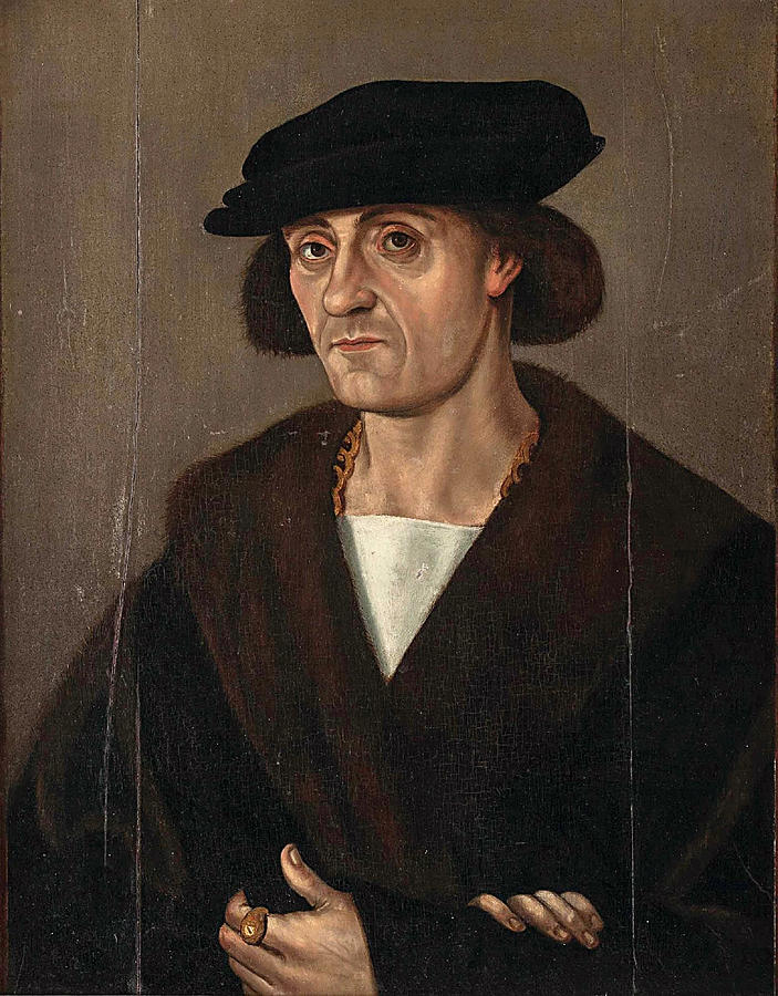 Portrait of a German merchant with black cap Painting by After Hans Brosamer