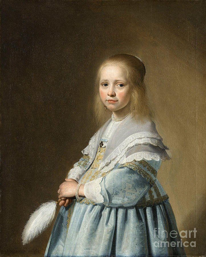 Vintage Painting - Portrait of a Girl Dressed in Blue by J. Cornelisz by Vintage Treasure