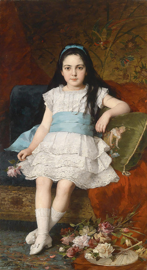 Portrait of a Girl in a White Dress with Blue Sash and Roses Painting by Gyorgy Vastagh