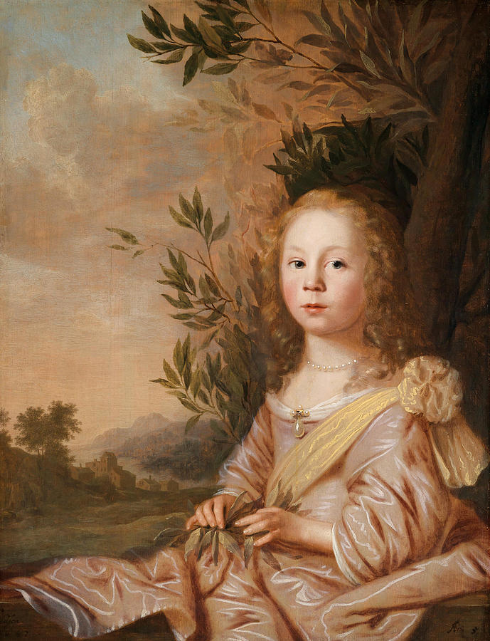 Portrait of a Girl in Pale Pink Dress in Front of a Laurel Tree and a Wide Landscape Painting by Pieter Nason