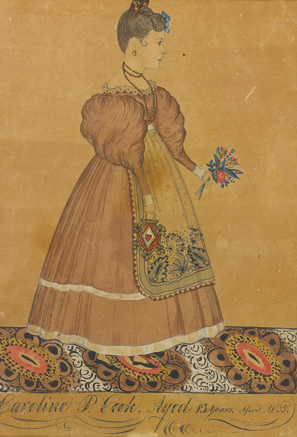 Portrait of a Girl on a Patterned Carpet holding Flowers Drawing by Joseph H Davis