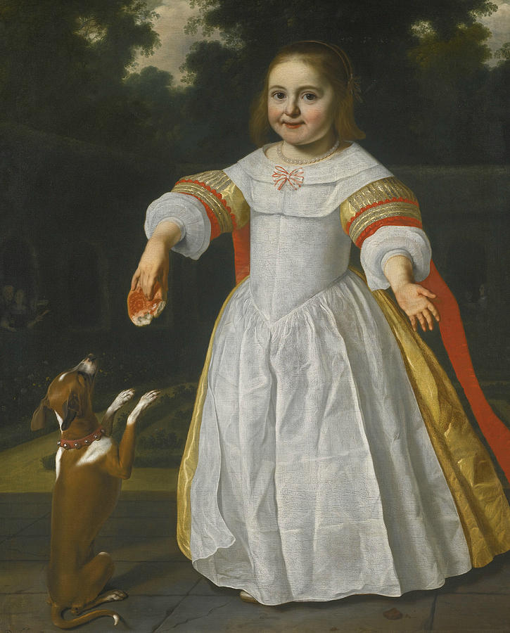 Portrait of a Girl with a Bread-bun and a Dog Painting by Bartholomeus van der Helst