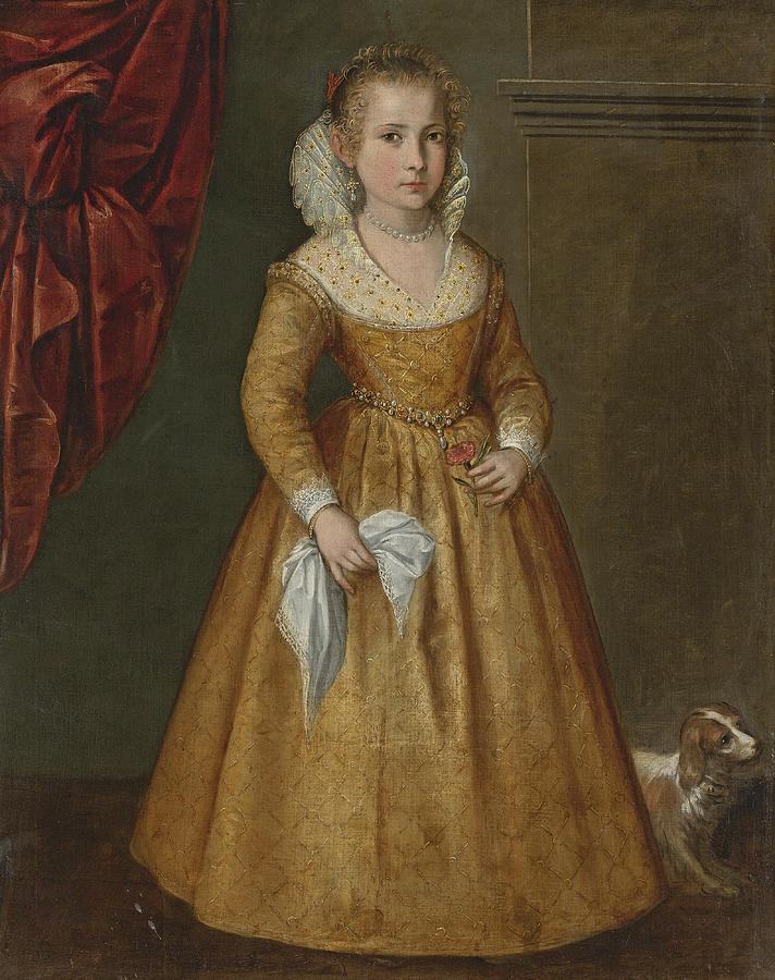 Portrait of a Girl with her Dog Painting by Venetian School