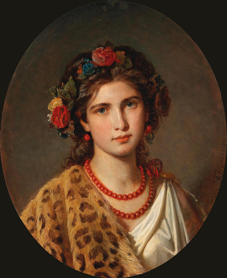 Portrait of a Girl with Wreath of Roses in her Hair and Leopard Skin Painting by Eugen Felix