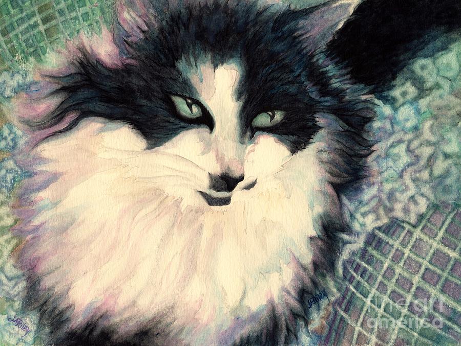 Black And White Painting - Portrait of a green eyed cat by Janine Riley