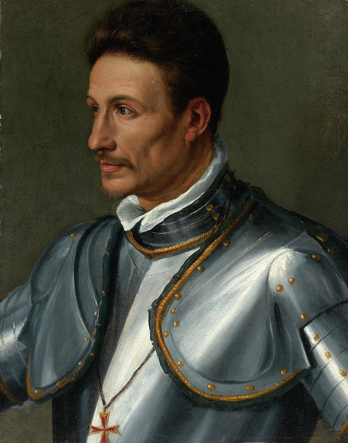 Portrait of a Knight wearing the Cross of the Order of Saint Stephen Painting by Circle of Alessandro Allori