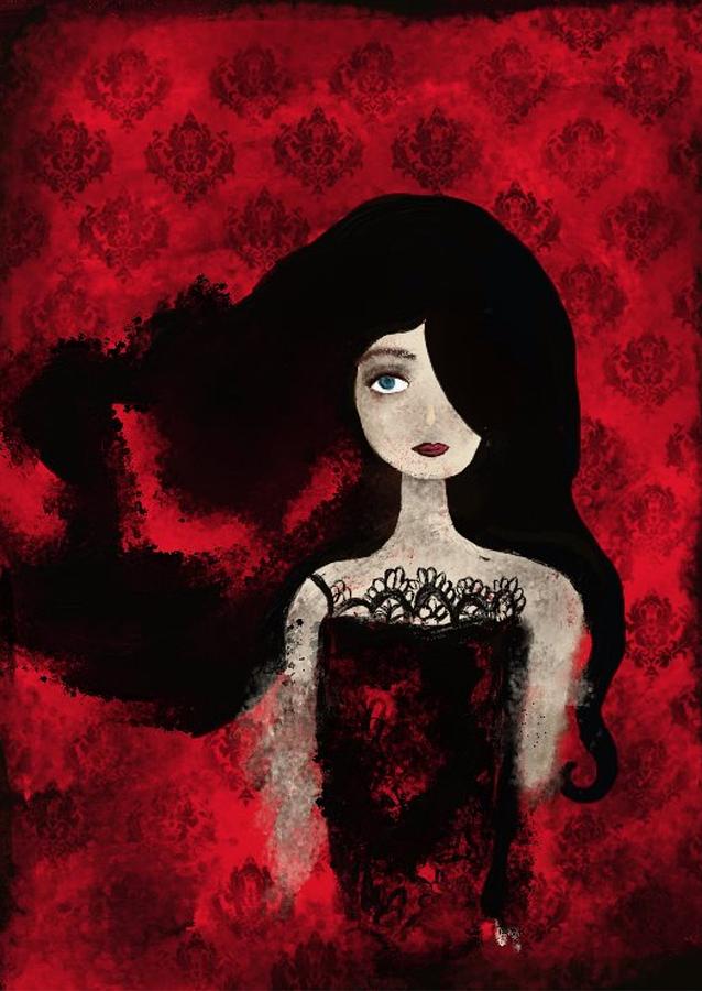 Fantasy Digital Art - Portrait of a Lady Amidst a Red Damask Background by Yazmin Basa