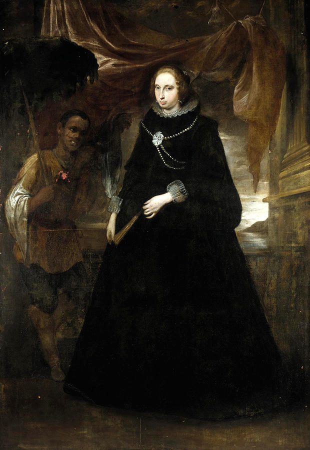 Portrait of a Lady Full length holding a fan  with her Moorish Attendant holding a Parasole Painting by Attributed to Giovanni Bernardo Carbone