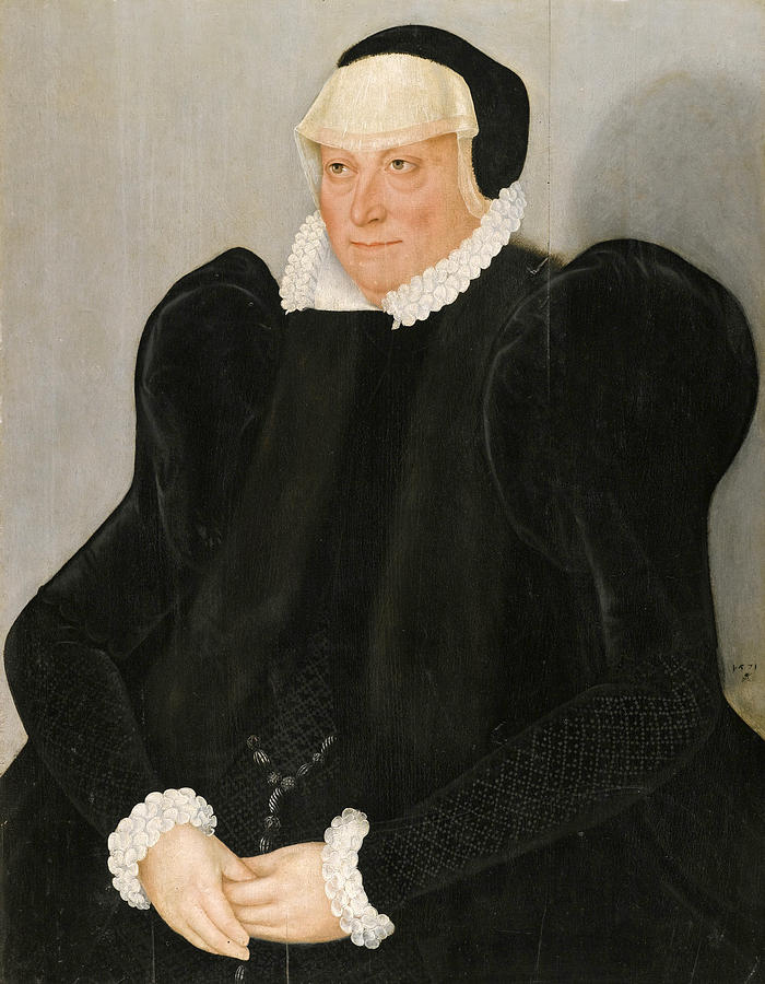 Portrait of a lady half-length in a black dress with white cuffs and collar Painting by Lucas Cranach the Younger
