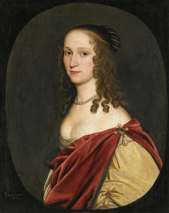 Portrait of a Lady half length wearing a red cloak Painting by Gerrit van Honthorst