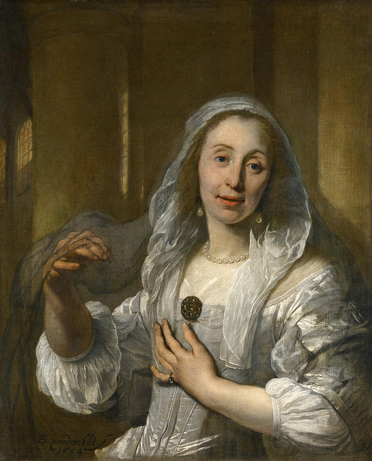 Portrait of a Lady Half-Length wearing a White Dress Painting by Bartholomeus van der Helst