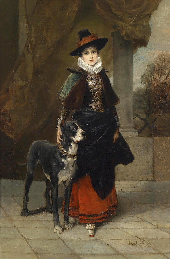 Portrait of a lady in a historical costume with a mastiff Painting by Friedrich August von Kaulbach