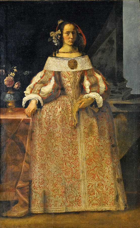 Portrait of a Lady in a Red and White Dress Painting by Attributed to Pier Francesco Cittadini