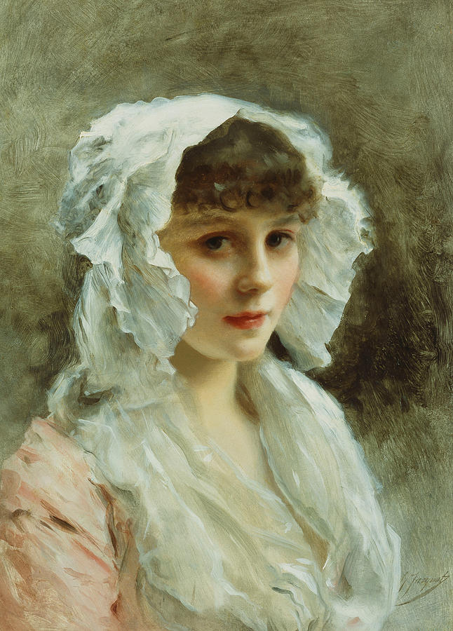 Portrait Painting - Portrait of a Lady in a White Bonnet by Gustave Jean Jacquet
