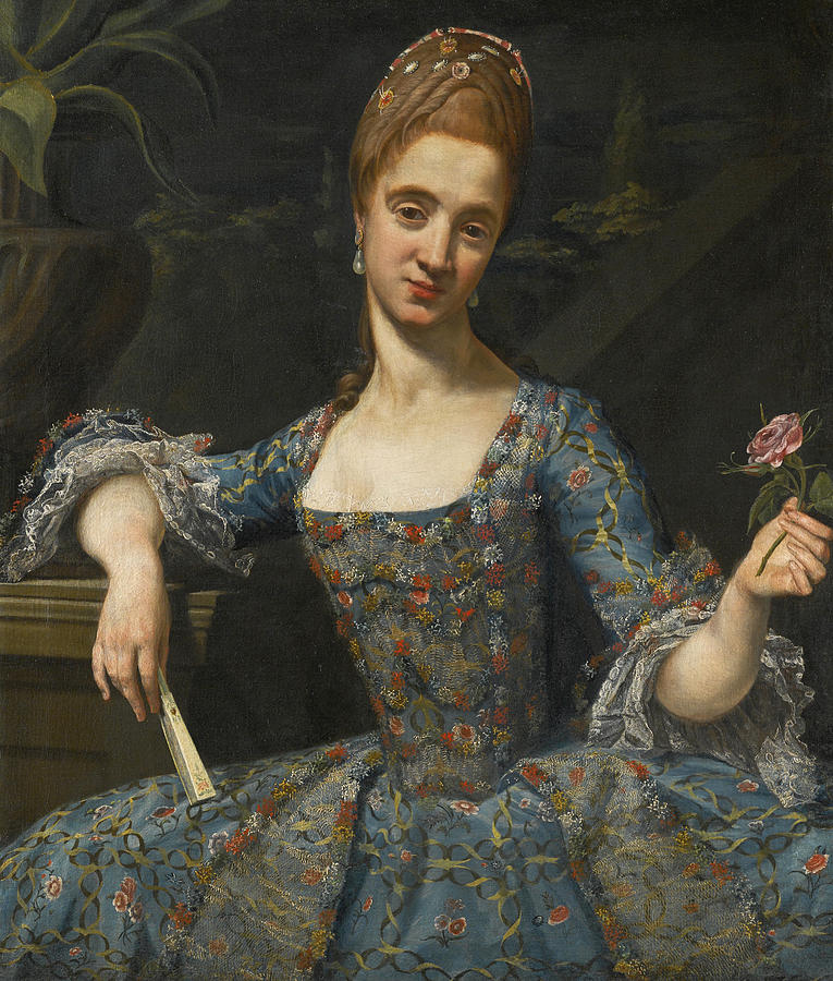 Portrait of a Lady in an elaborately embroidered blue Dress Painting by Giuseppe Baldrighi
