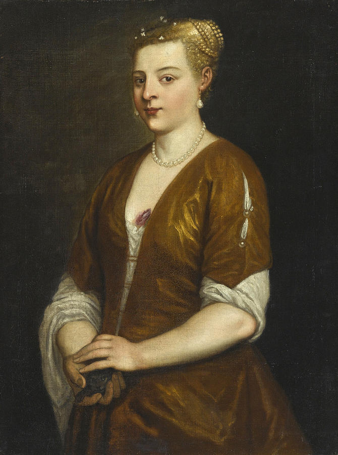 Portrait of a Lady Three-quarter Length holding a Kitten Painting by Alessandro Varotari