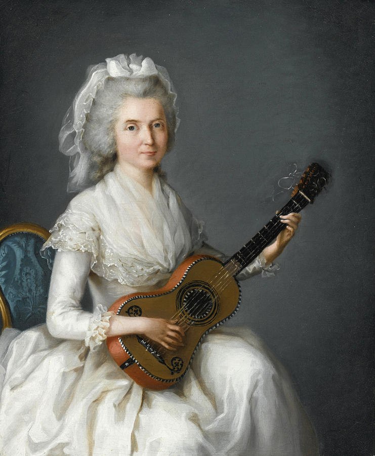 Portrait of a Lady three-quarter Length in a White Gown and Lace Cap seated an playing a Mandolin Painting by Circle of Charles Lepeintre