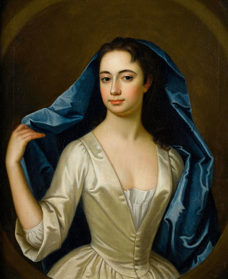 Portrait of a lady three-quarter-length in a white silk dress a blue silk shawl Painting by Enoch Seeman