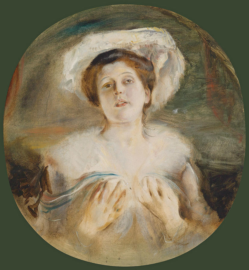 Portrait of a Lady with a White Hat Painting by Franz von Lenbach