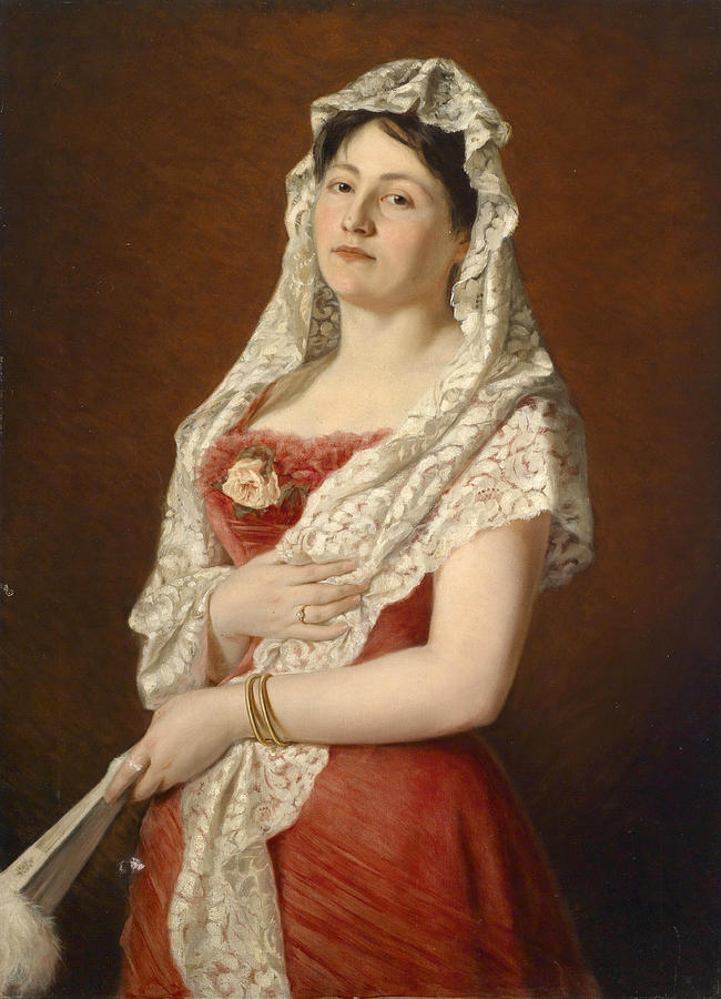 Portrait of a Lady with White Lace Mantilla and Fan Painting by Ludwig Gloss
