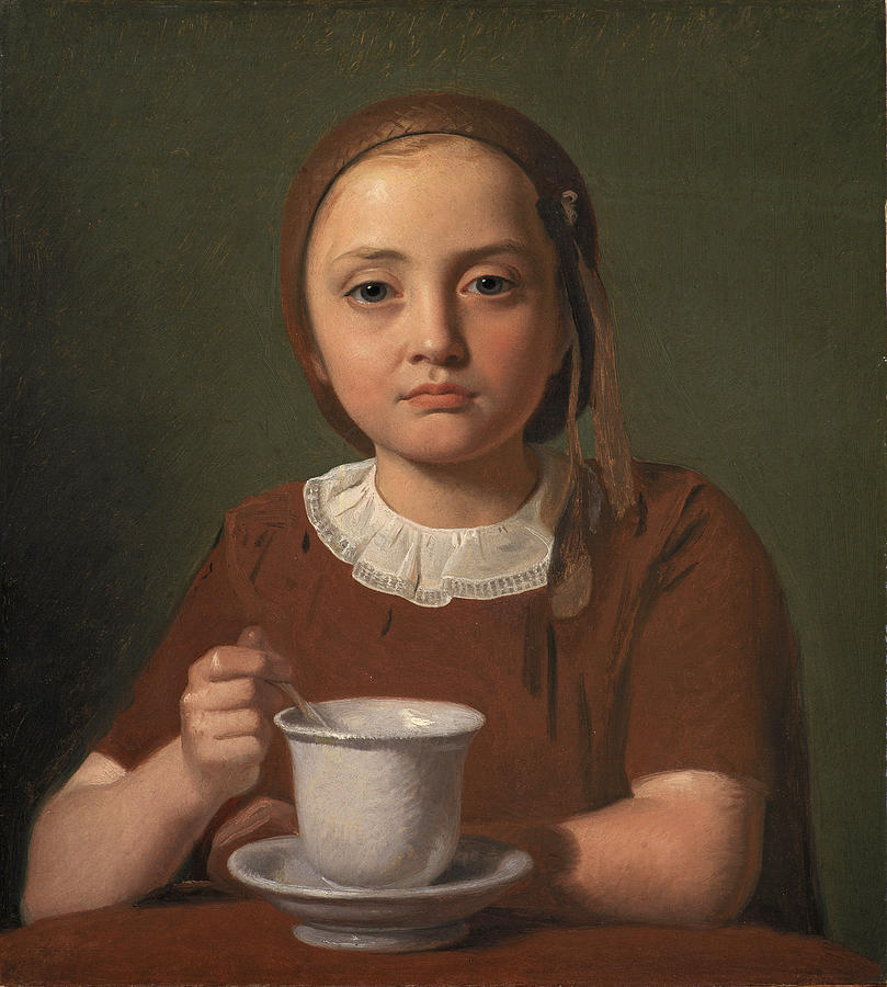 Portrait of a Little Girl, Elise Kobke, with a Cup in front of her  Painting by Constantin Hansen