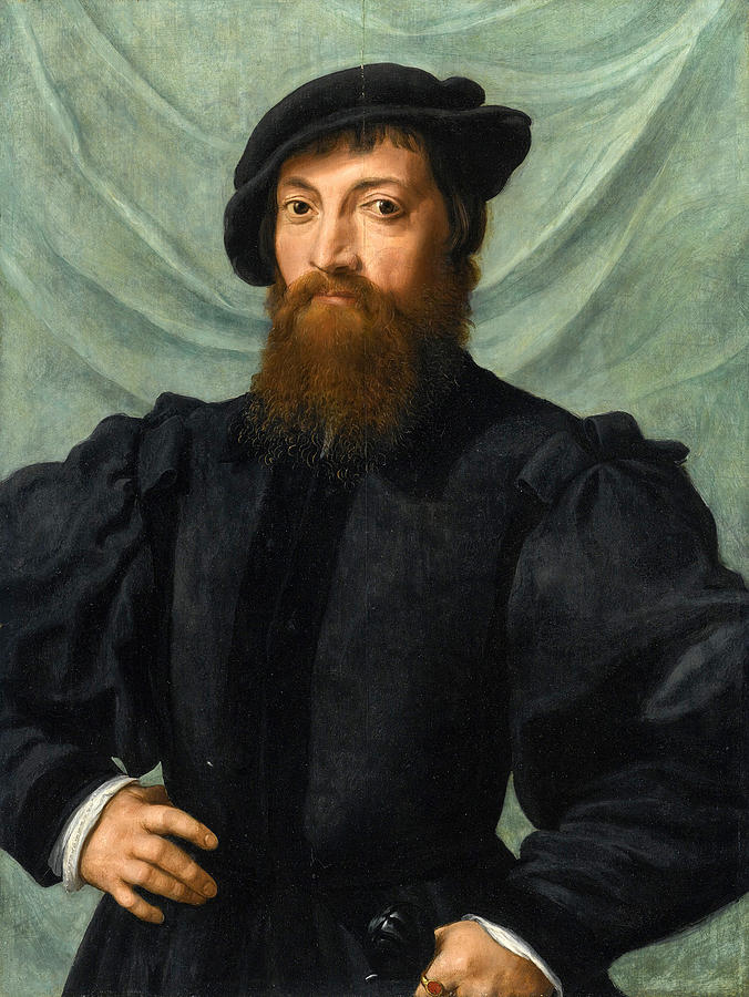 Portrait of a Man half-length standing before a Green Curtain Painting by Attributed to Jan Sanders van Hemessen