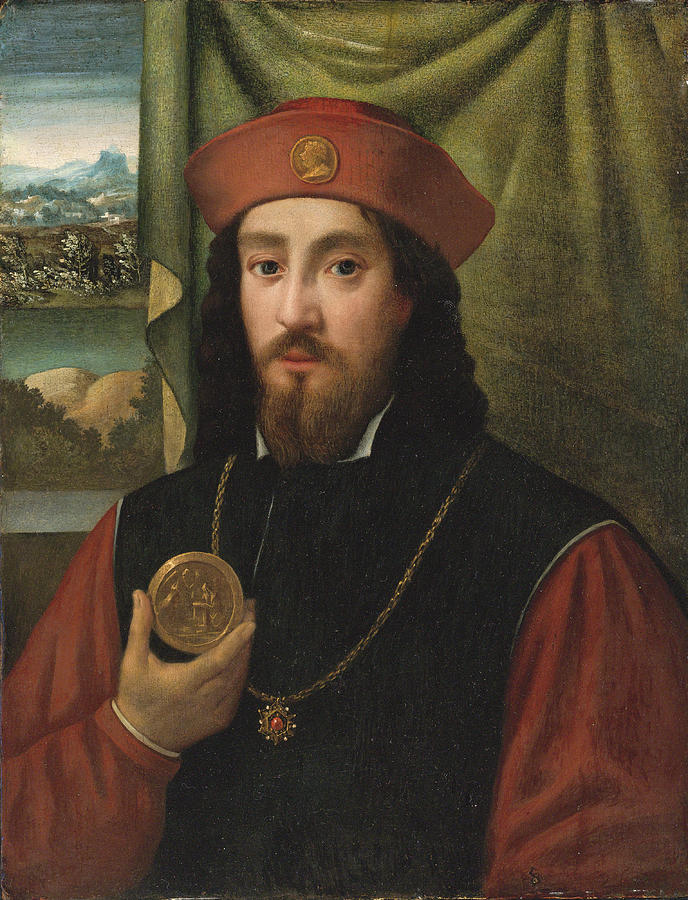 Portrait of a Man Holding a Medal Painting by Attributed to  Bartolomeo Veneto