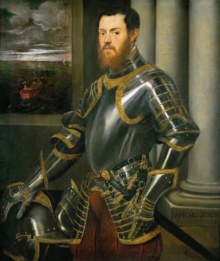 Portrait of a Man in a gold decorated suit of armour Painting by Tintoretto