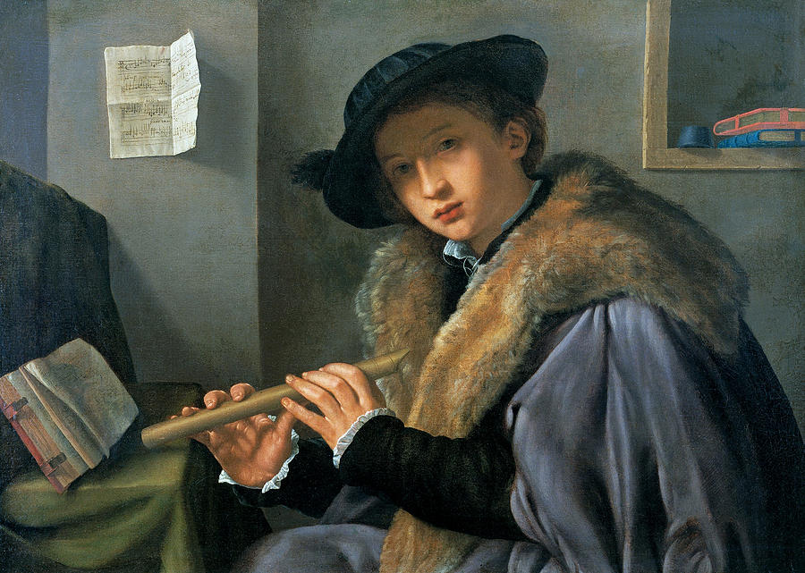 Portrait of a man playing flute Painting by Giovanni Gerolamo Savoldo