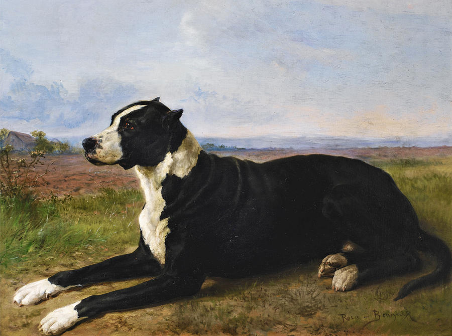 Portrait of a Mastiff-Labrador in a Landscape Painting by Rosa Bonheur