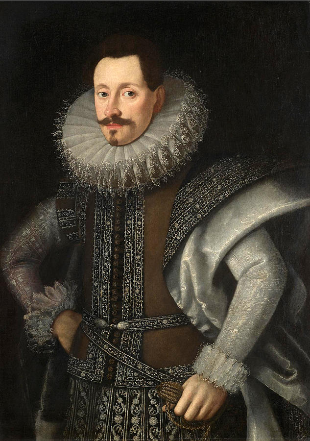 Portrait of a nobleman half length wearing a brown and silver tunic ...