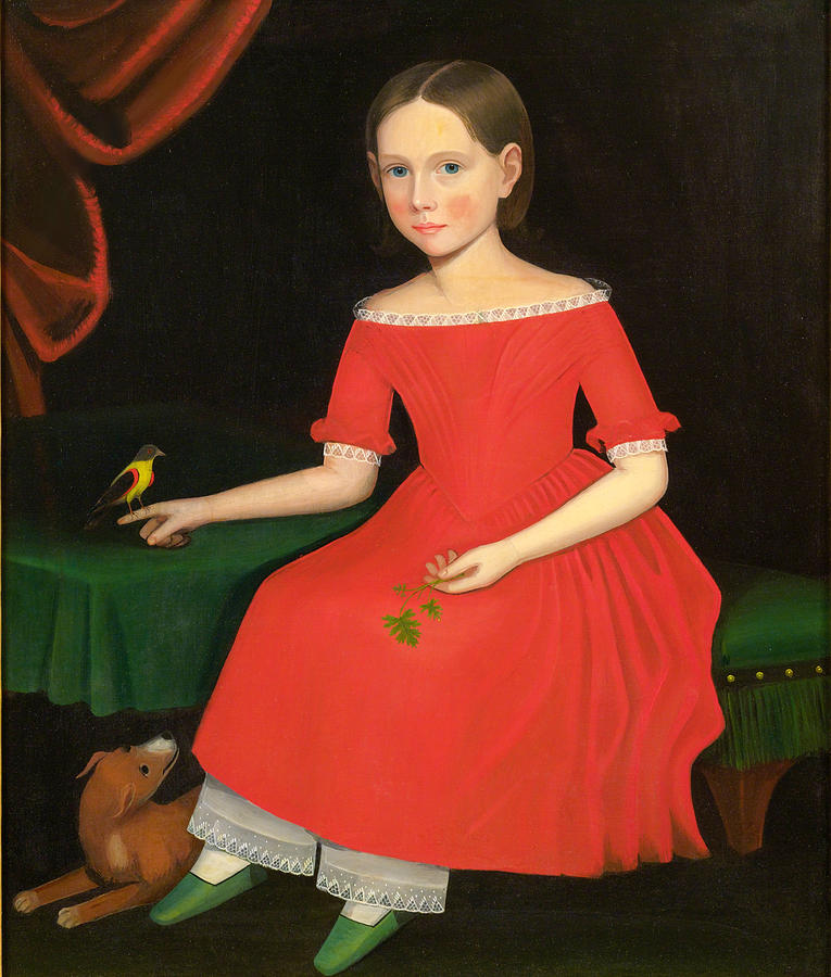 Portrait of a Winsome Young Girl in Red with Green Slippers Dog and Bird Painting by Ammi Phillips