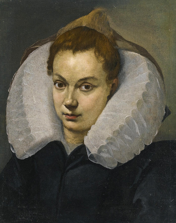 Portrait of a woman head and shoulders in a white ruff Painting by Agostino Carracci