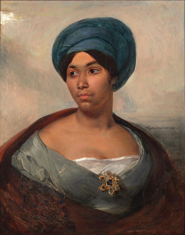 Portrait of a Woman in a Blue Turban Painting by Eugene Delacroix