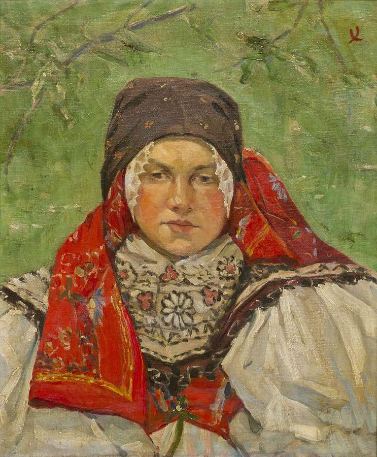 Portrait of a Woman in a Red Scarf Painting by Joza Uprka