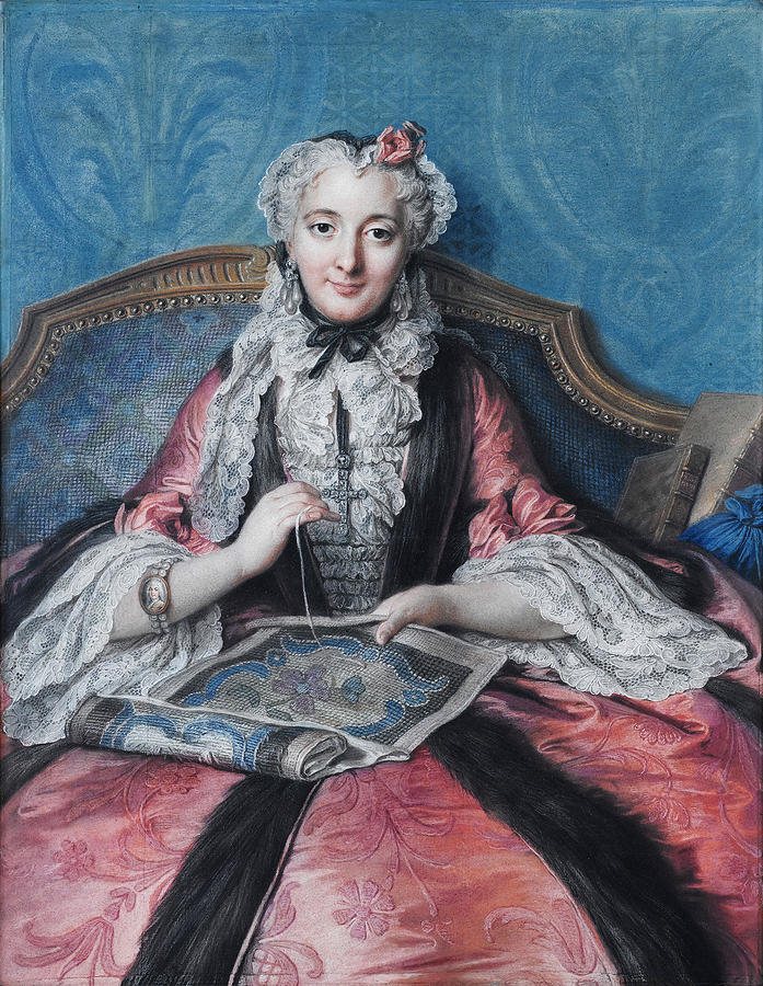 Portrait of a Woman sewing Drawing by Charles-Antoine Coypel