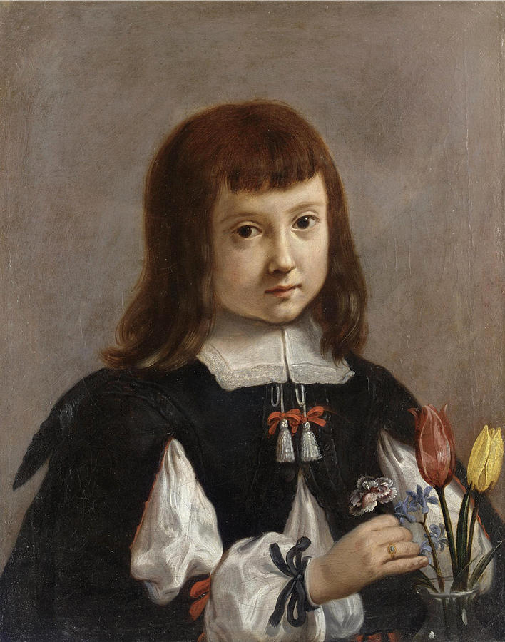 Portrait of a Young Boy, half Length, arranging Flowers in a Vase Painting by Elisabetta Sirani