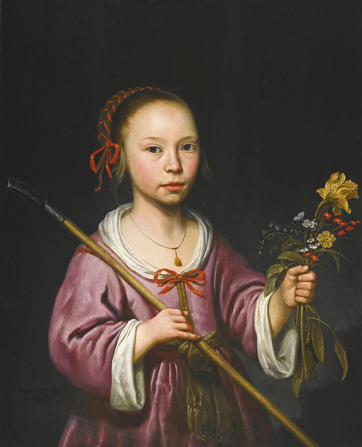 Portrait of a young girl as a Shepherdess holding a Sprig of Flowers Painting by Aelbert Cuyp