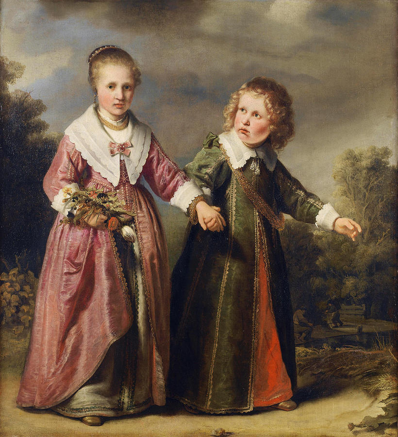 Portrait of a young girl holding a posy of flowers and a young boy in a landscape Painting by Ferdinand Bol