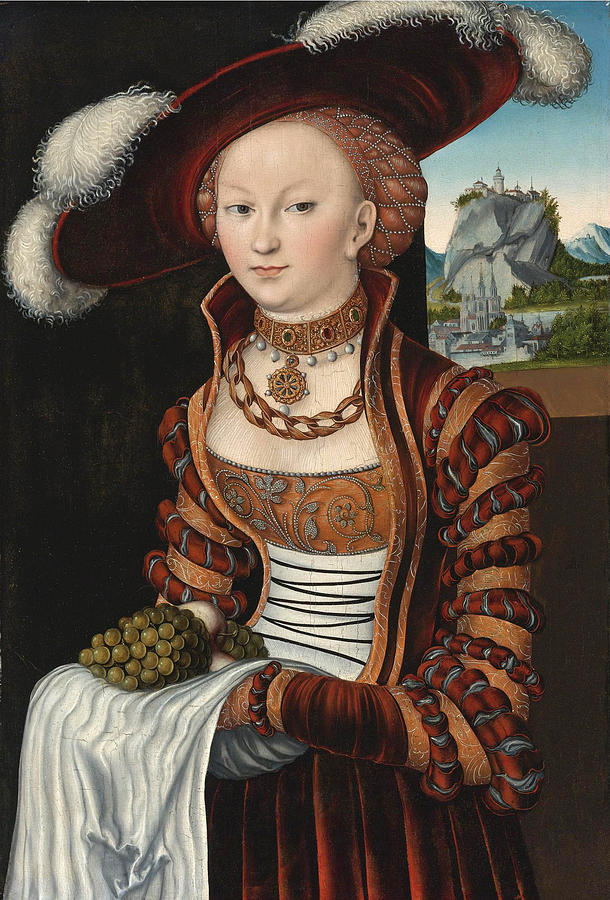 Portrait of a young lady holding grapes and apples Painting by Lucas Cranach the Elder